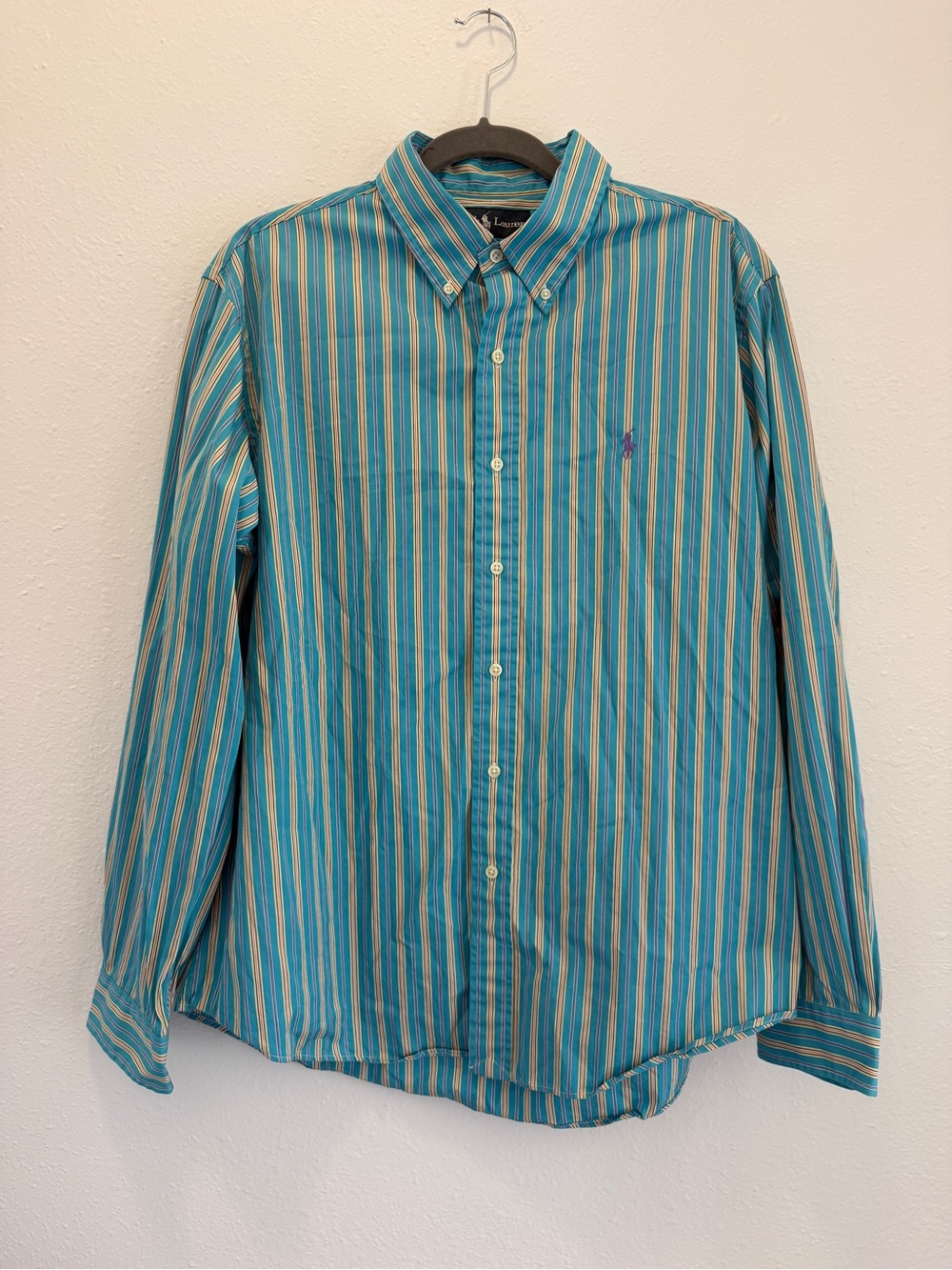 Vintage Ralph Lauren Preppy Coastal Button Down Striped Shirt Turquoise XL